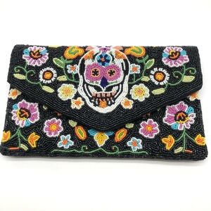 Floral Skull Accented Seed Beaded Clutch or Crossbody Bag